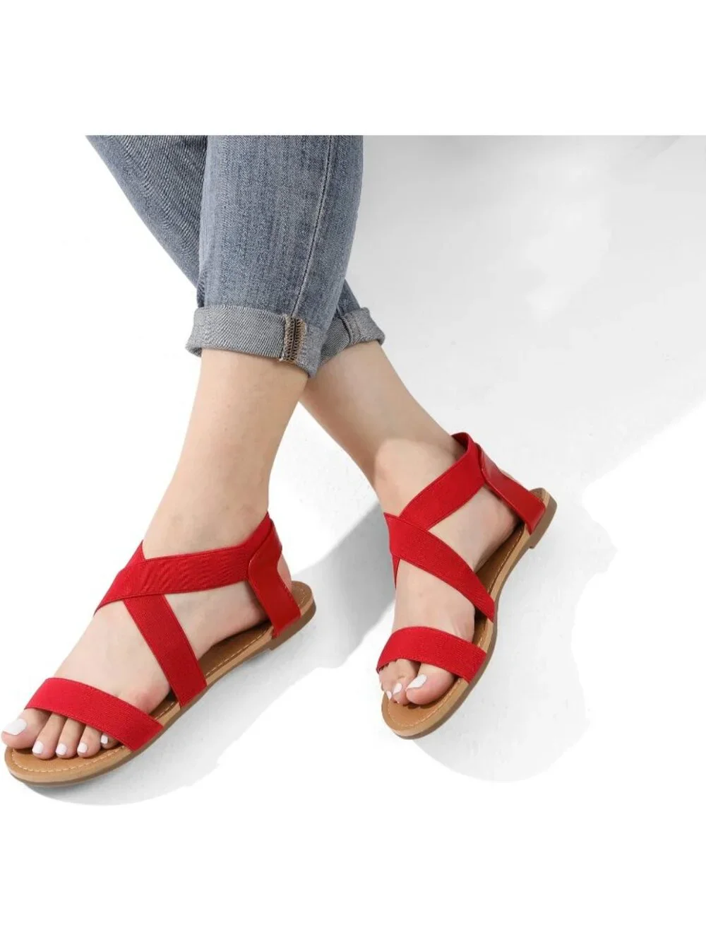 Women's Red Summer Elastic Ankle Strap Flat Cute Strappy Gladiator Sandals